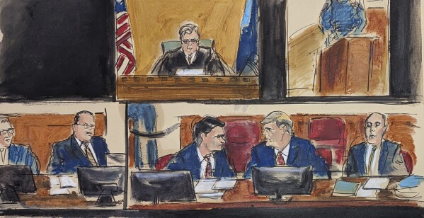 In this courthouse sketch drawn from a divided video monitor, former President Donald Trump, lower right frame, center, confers with defense attorney Todd Blanche as Judge Juan Merchan, upper left, and prosecutor Joshua Steingless, lower left, look on during jury selection in Manhattan criminal court, Monday, April 15, 2024, in New York. (Elizabeth Williams via AP)